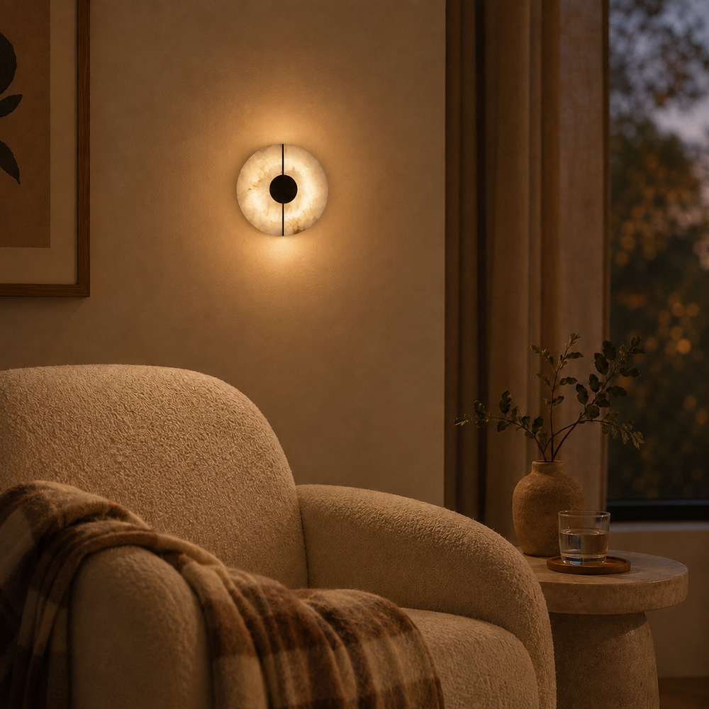 Applique en albâtre noire au-dessus d'un coin lecture avec fauteuil bouclé #noir