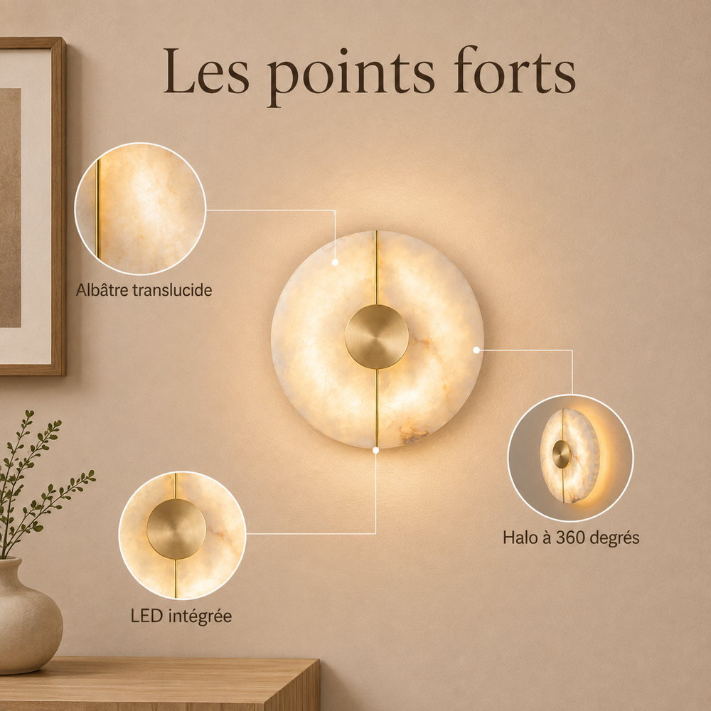Points forts de l'applique murale en albâtre : albâtre translucide, halo à 360 degrés, LED intégrée #or