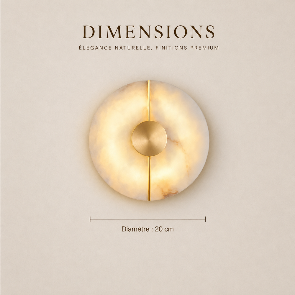 Dimensions de l'applique murale en albâtre : diamètre 20 cm, finitions premium #or