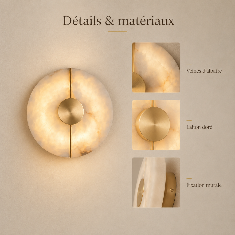 Détails et matériaux : veines d'albâtre, laiton doré, fixation murale #or