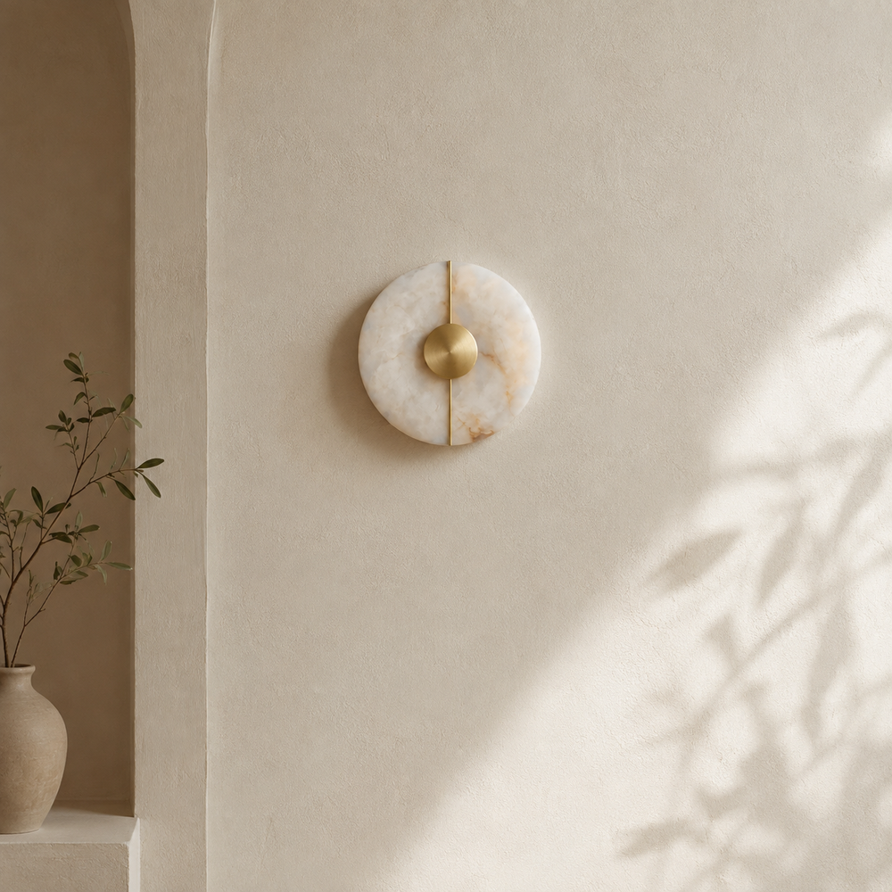 Applique en albâtre éteinte en journée, disque de pierre sculptural sur mur enduit beige #or