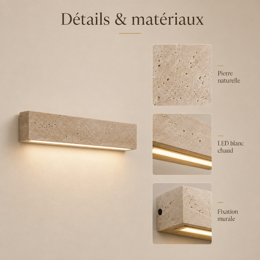 Détails et matériaux : pierre naturelle, LED blanc chaud, fixation murale