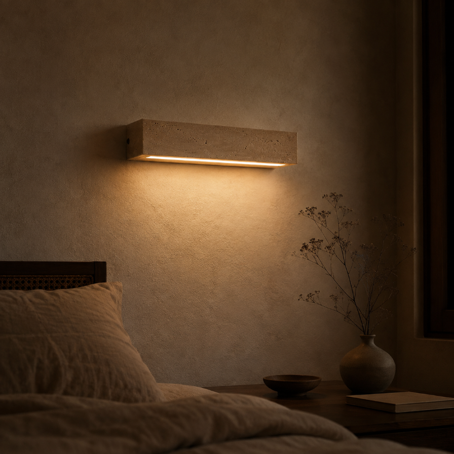 Applique murale en pierre naturelle allumée la nuit dans une chambre wabi-sabi
