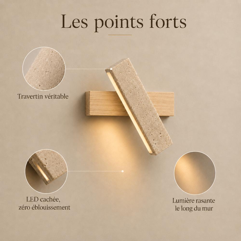 Points forts : lumière rasante le long du mur, LED cachée zéro éblouissement, travertin véritable #bois-clair