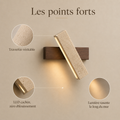 Points forts : lumière rasante le long du mur, LED cachée zéro éblouissement, travertin véritable #noyer