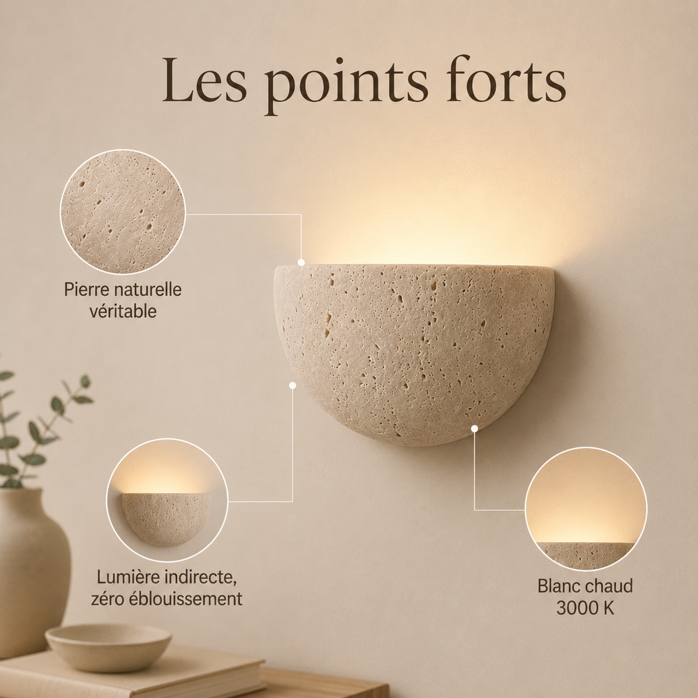 Points forts : pierre naturelle véritable, lumière indirecte zéro éblouissement, blanc chaud 3000 K