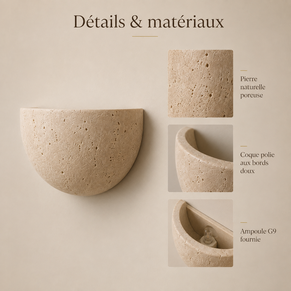 Détails et matériaux : pierre naturelle poreuse, coque polie, ampoule G9 fournie