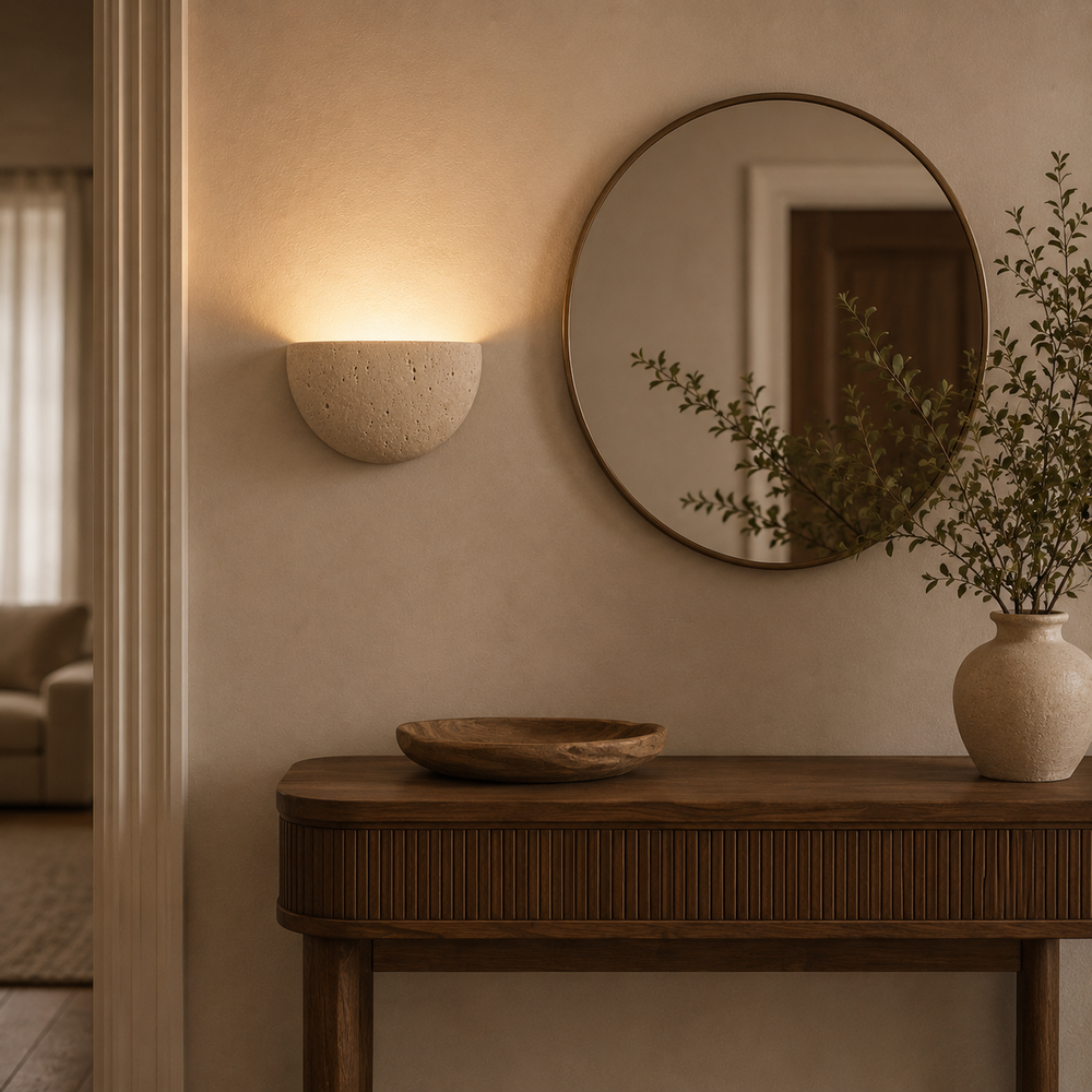 Applique en pierre au-dessus d'une console d'entrée avec miroir