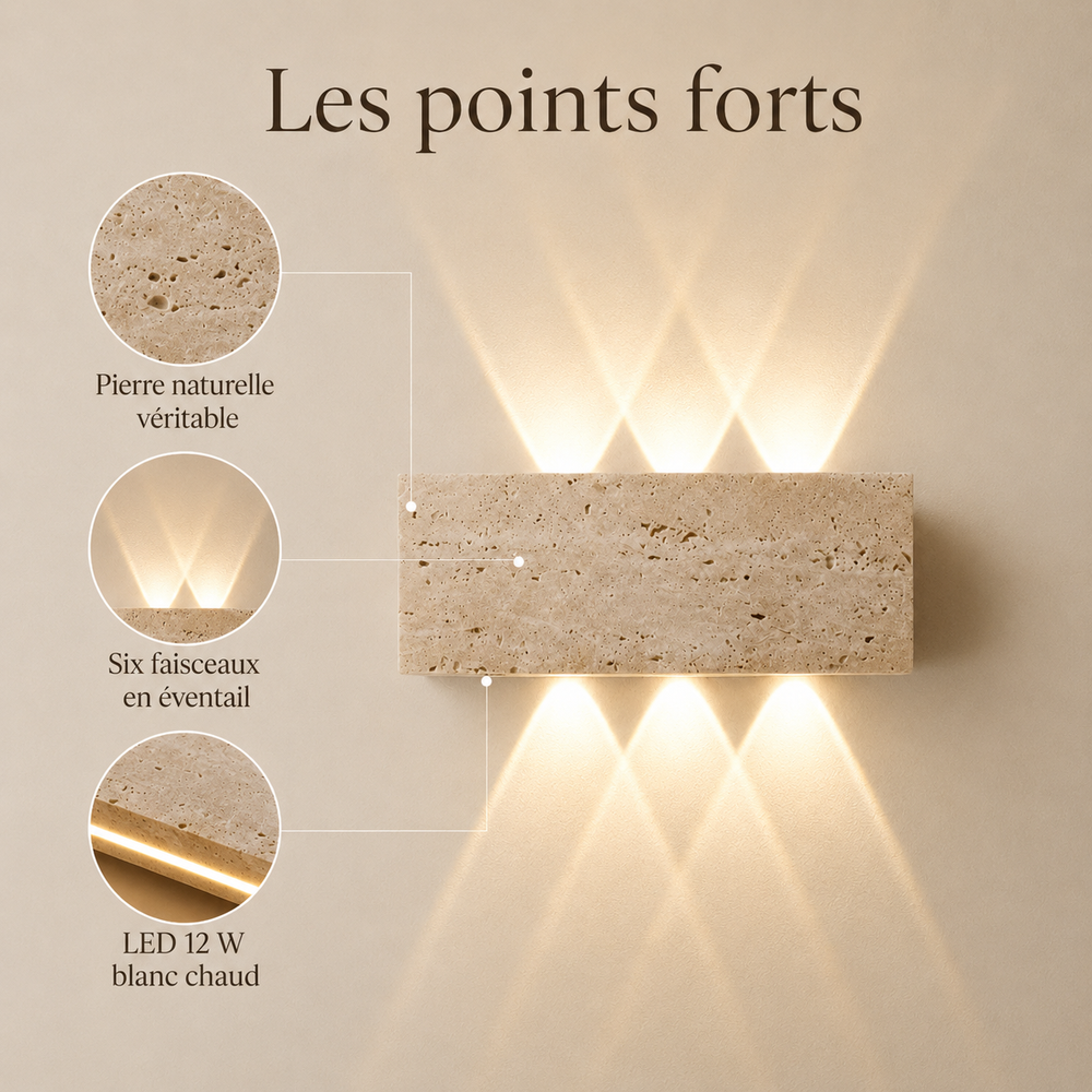 Points forts : pierre naturelle véritable, six faisceaux en éventail, LED 12 W blanc chaud