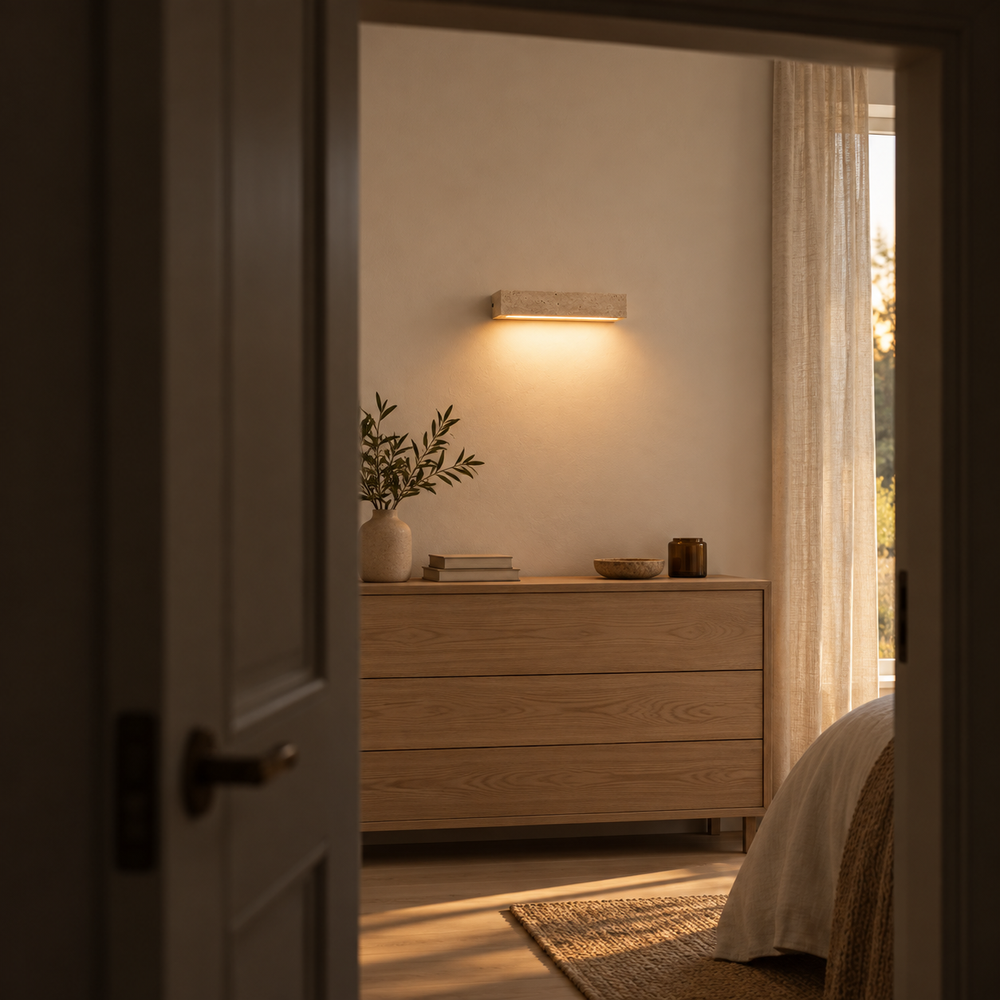 Applique murale salon en travertin, LED haut et bas - applique travertin vue depuis la porte de la chambre