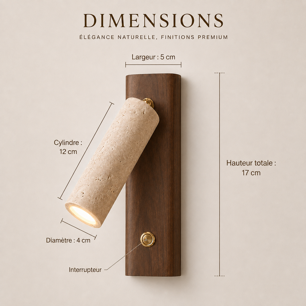 Dimensions : cylindre 12 cm, hauteur totale 17 cm, largeur 5 cm #noyer