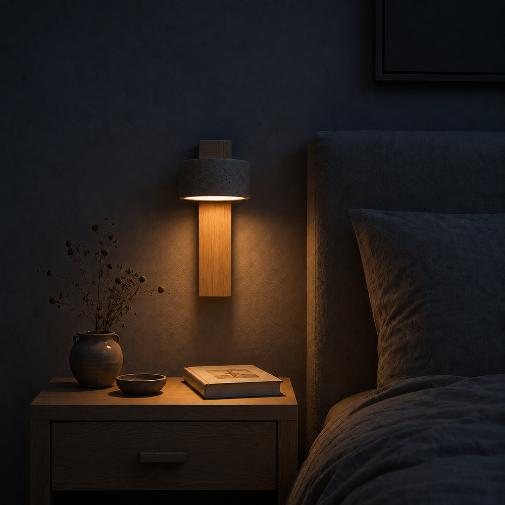 Applique travertin et bois clair la nuit, seule source de lumière #bois-clair