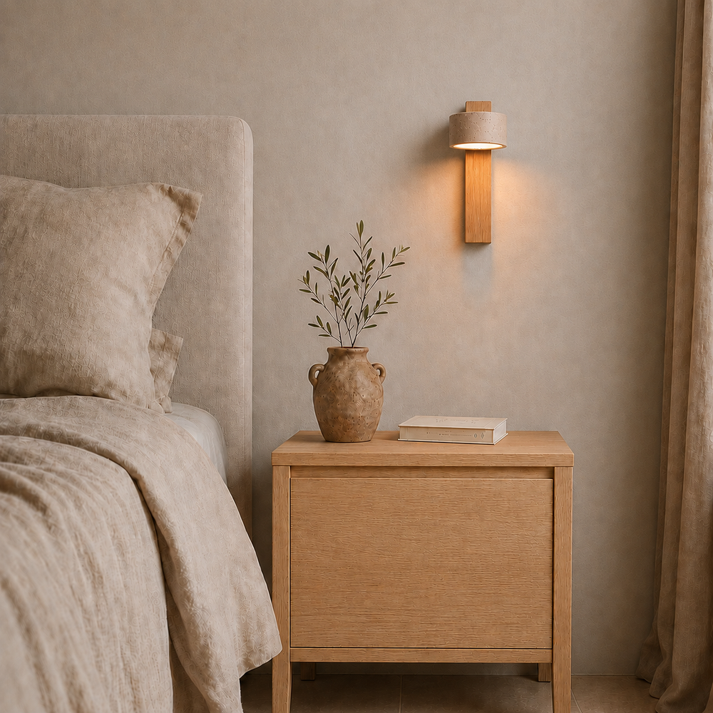 Applique travertin et bois clair au-dessus d'une table de chevet en chêne #bois-clair