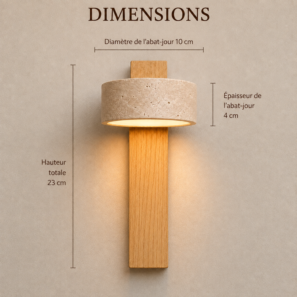 Dimensions : hauteur totale 23 cm, abat-jour 10 cm de diamètre et 4 cm d'épaisseur #bois-clair