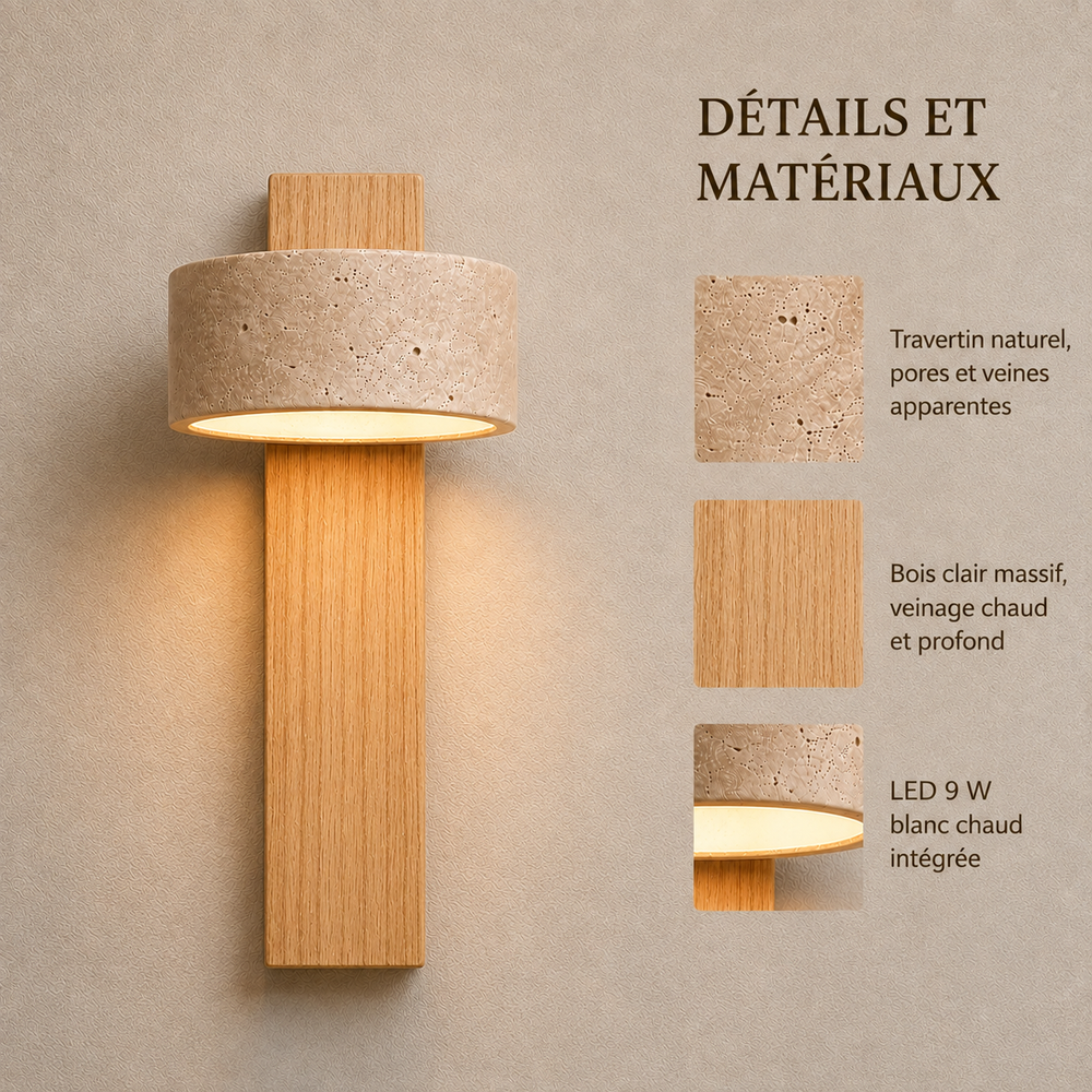 Détails et matériaux : travertin naturel, bois clair massif, LED 9 W blanc chaud intégrée #bois-clair