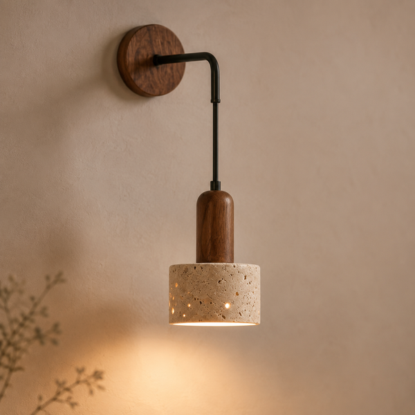 Applique murale chambre en travertin, douille E27, beige ou noire