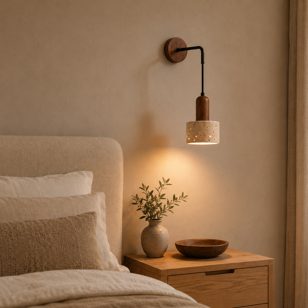 Applique en travertin au-dessus d'une table de chevet, lumière chaude #travertin-beige