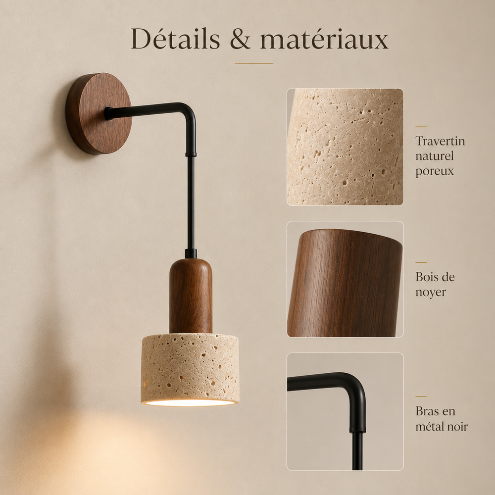 Détails et matériaux : travertin poreux, bois de noyer, bras métal noir #travertin-beige