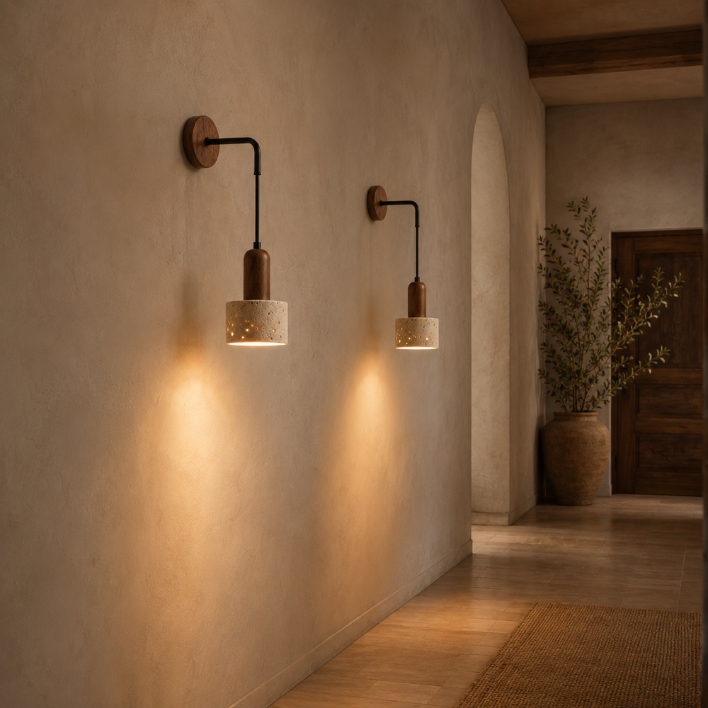 Deux appliques en travertin dans un couloir, cônes de lumière #travertin-beige