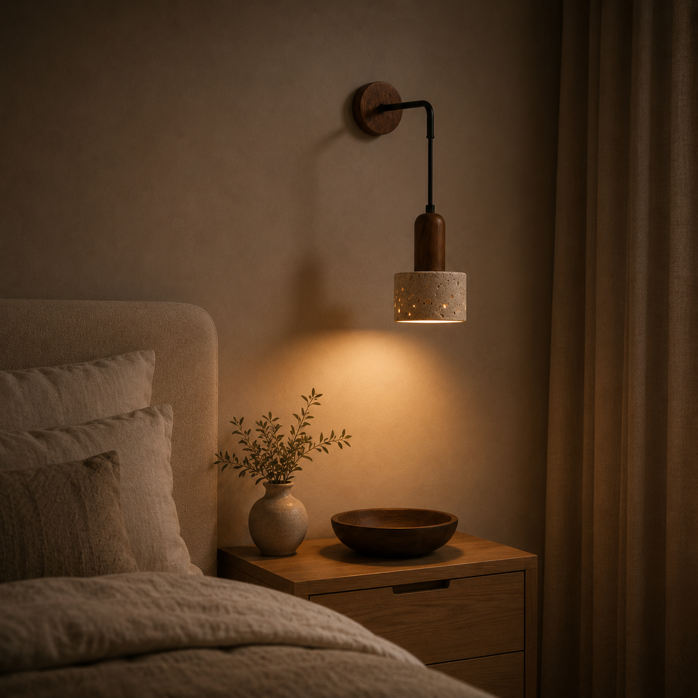 Applique rétro en travertin la nuit, seule source de lumière #travertin-beige