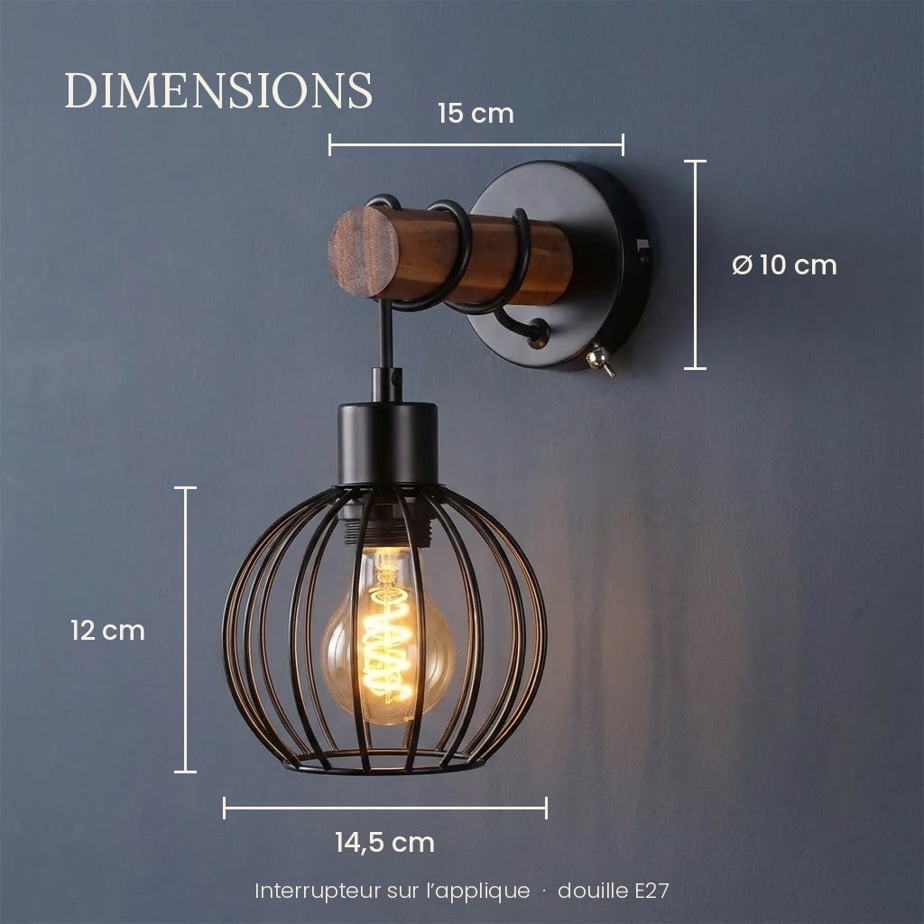 Applique murale chambre en bois, interrupteur, style industriel - bois cage 05 dimensions platine 10 cm cage 14 5 cm