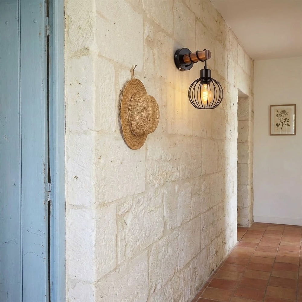 Applique murale chambre en bois, interrupteur, style industriel - bois cage 11 mur en pierre