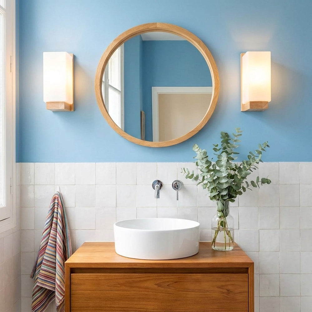 Applique murale salon en bois, moderne, douille E27 - bois carre 11 salle de bain bleue #carre