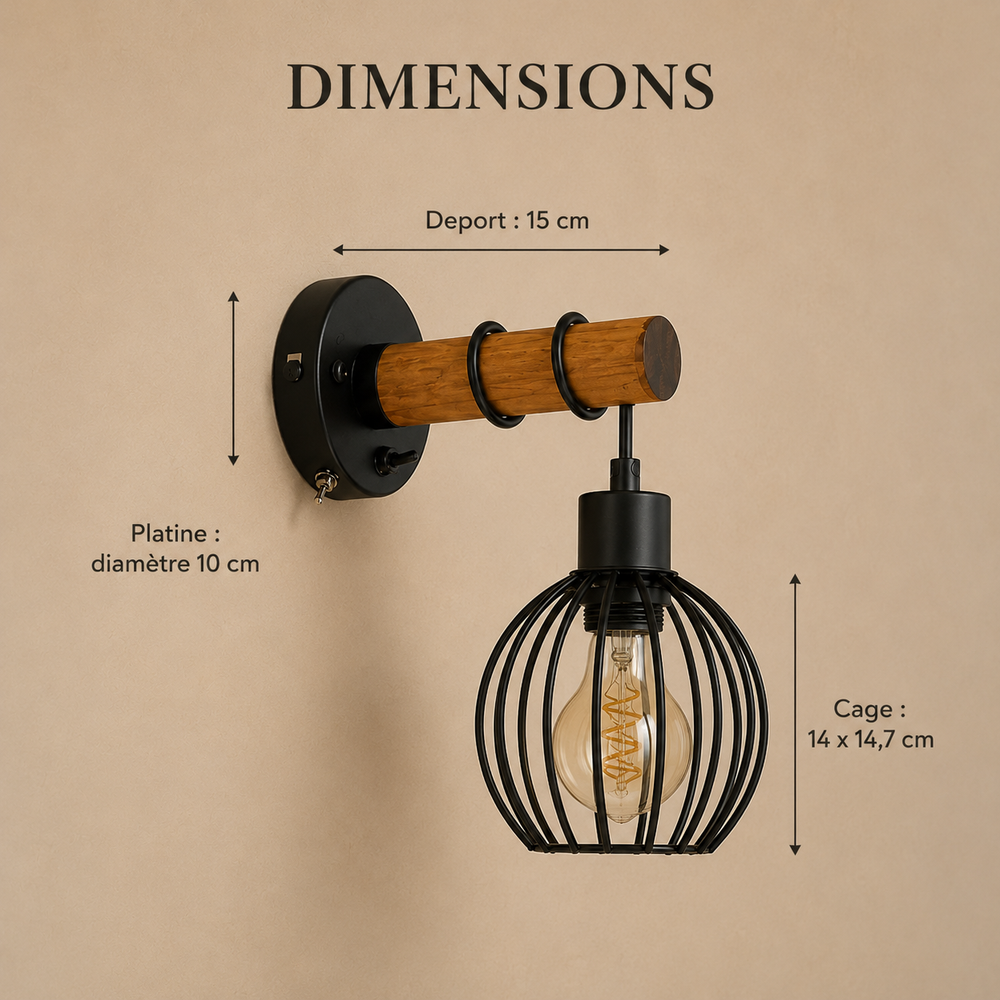Dimensions : déport 15 cm, platine 10 cm de diamètre, cage 14 x 14,7 cm