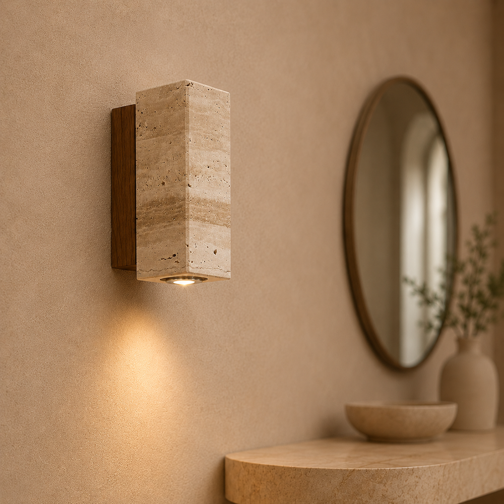 Applique carrée en travertin au-dessus d'une console d'entrée avec miroir #carre-socle-noyer