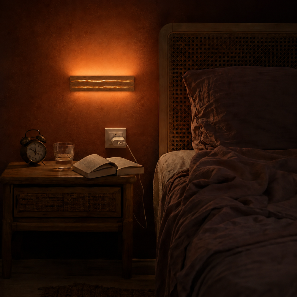Applique en bois craquelé la nuit, seule source de lumière d'une chambre terracotta #30-cm