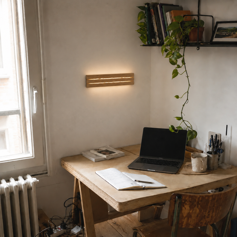 Applique en bois craquelé au-dessus d'un bureau en plein jour #30-cm