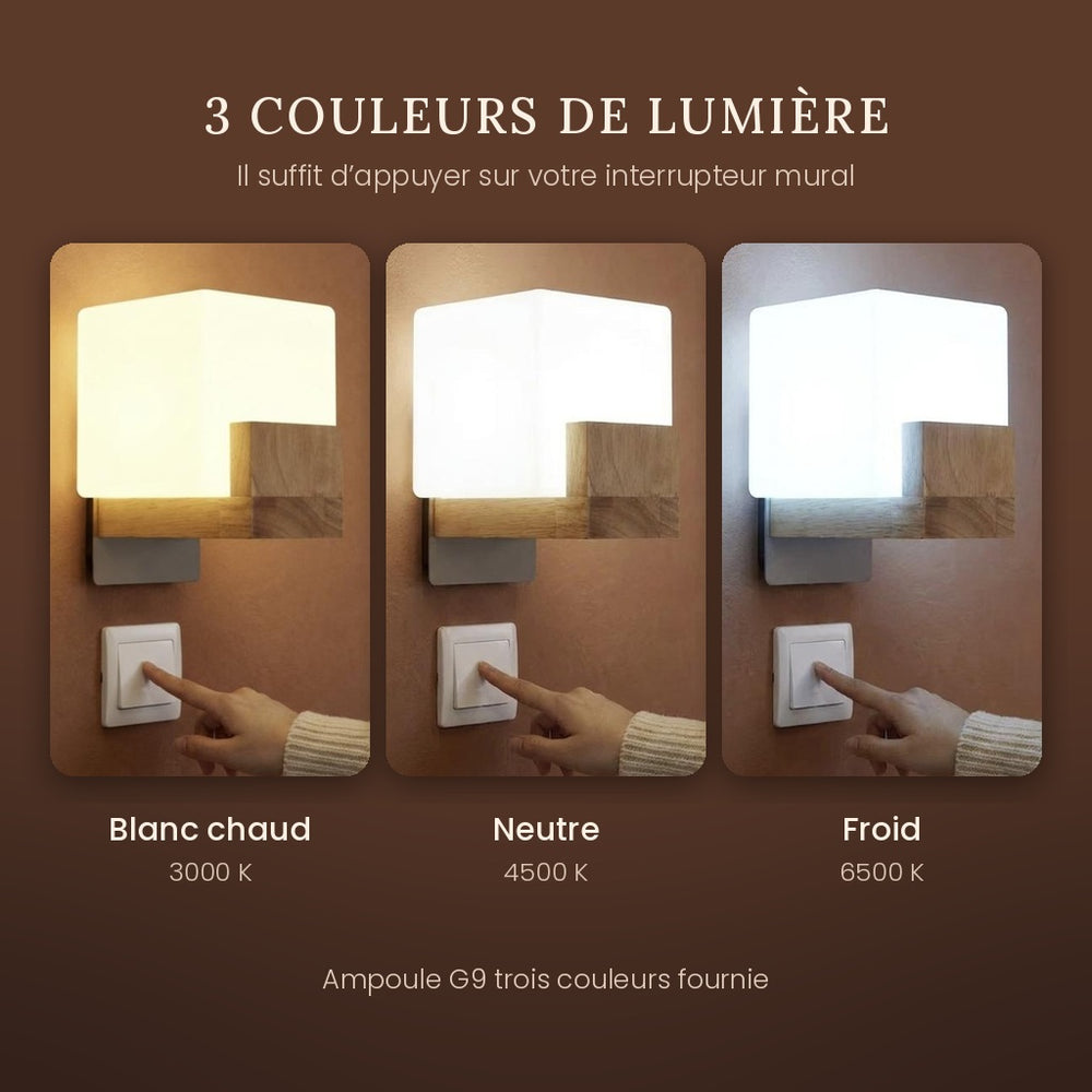 Applique murale salon en bois carrée, LED 3 températures G9 - cubo 03 trois couleurs de lumiere