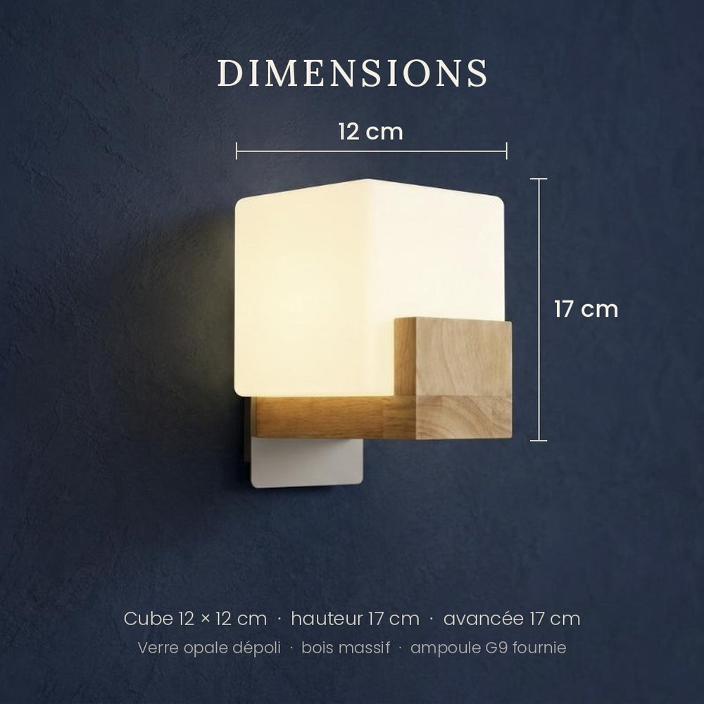 Applique murale salon en bois carrée, LED 3 températures G9 - cubo 12 dimensions