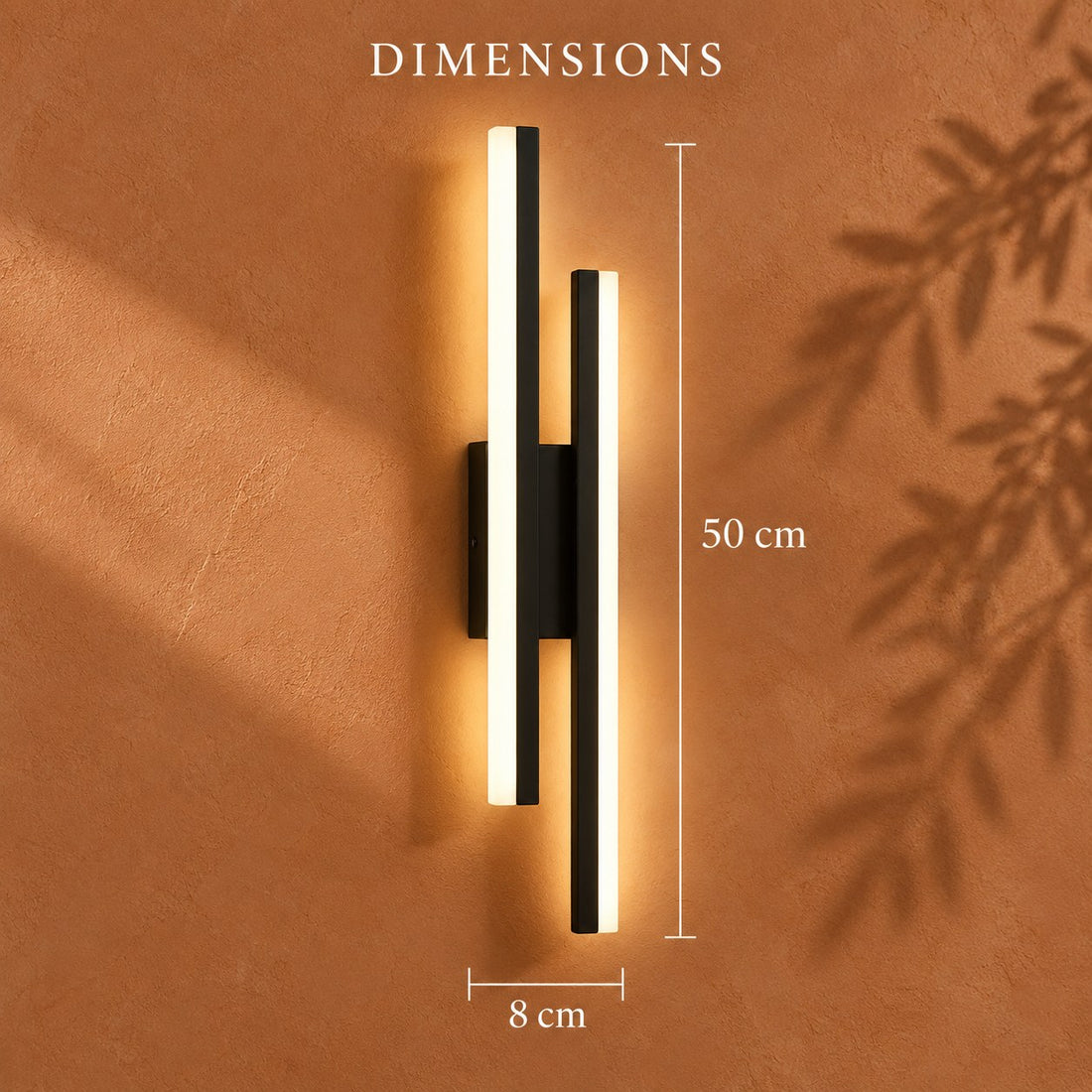 Applique murale salon LED design en métal, 50 cm - db cotes dimensions mur terracotta #noir