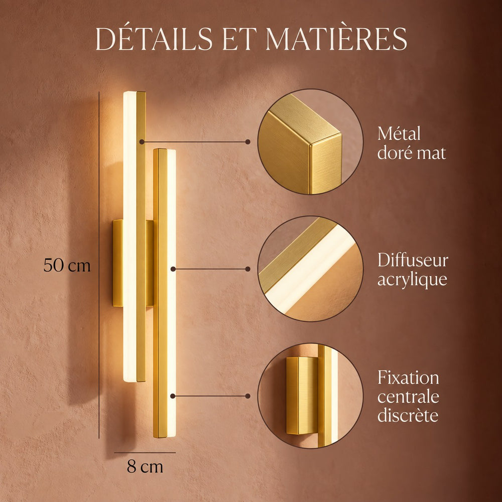Applique murale salon LED design en métal, 50 cm - db details et matieres or #or