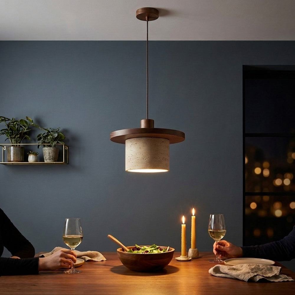 Suspension salon travertin et bois, salle à manger, Ø 20 cm - disque bois diner nuit mur ardoise
