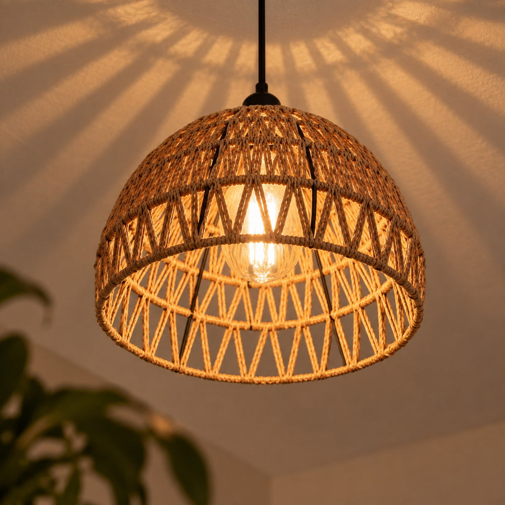 Suspension japonaise salon en rotin tressé, dôme fibres naturelles - dome corde ombres en zigzag