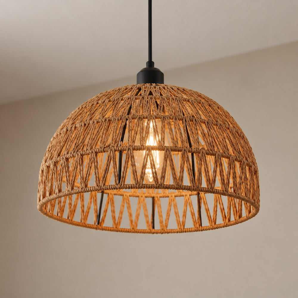 Suspension japonaise salon en rotin tressé, dôme fibres naturelles - dome corde vu de dessous