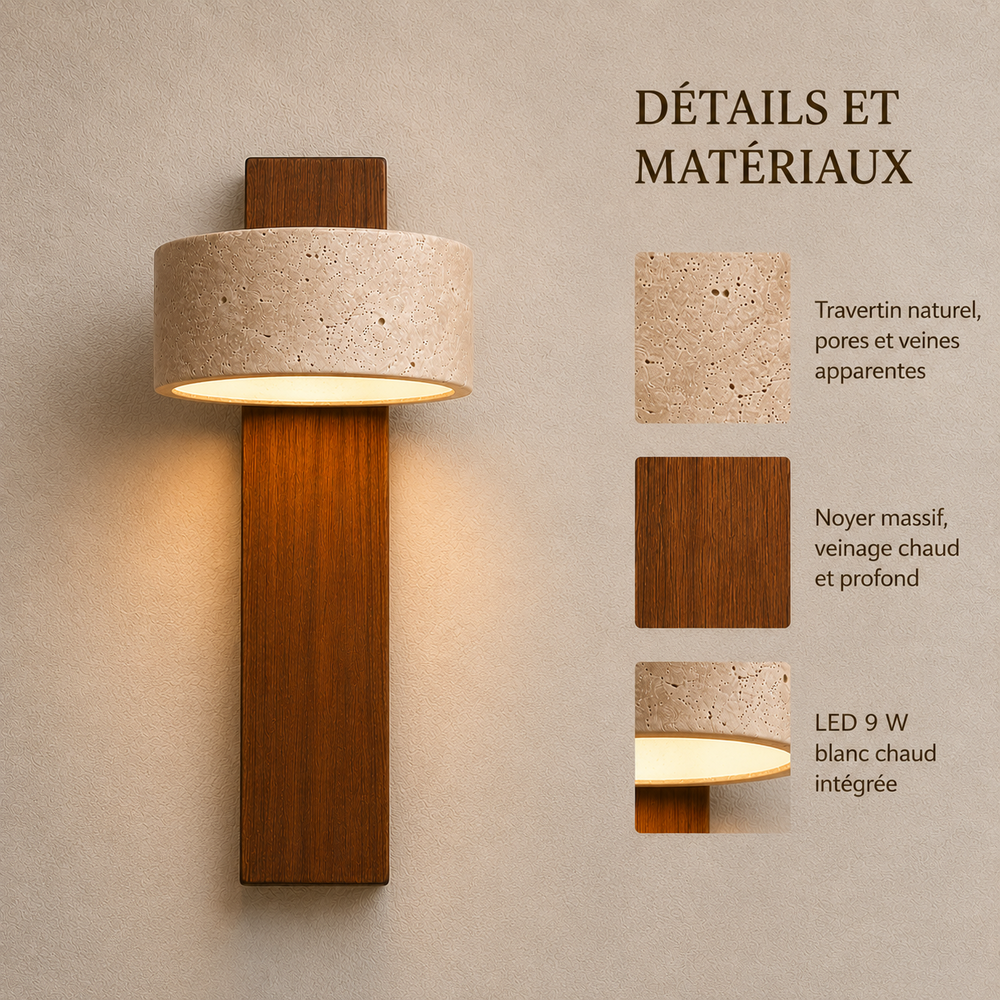 Détails et matériaux : travertin naturel, noyer massif, LED 9 W blanc chaud intégrée #noyer