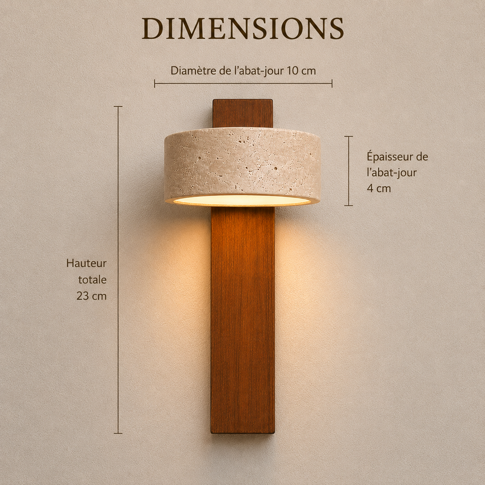 Dimensions : hauteur totale 23 cm, abat-jour 10 cm de diamètre et 4 cm d'épaisseur #noyer