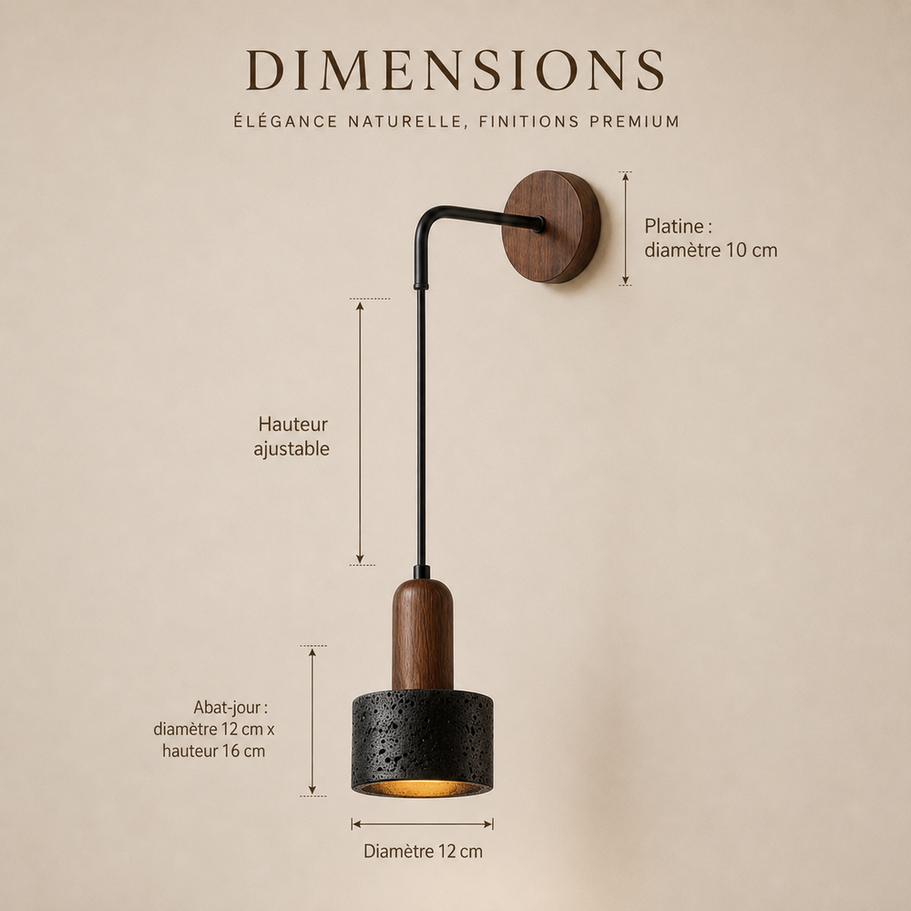 Dimensions : abat-jour Ø 12 cm, hauteur 16 cm, platine Ø 10 cm, hauteur ajustable #pierre-noire
