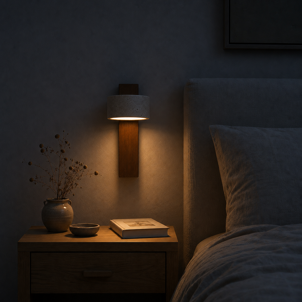 Applique travertin et noyer la nuit, seule source de lumière #noyer