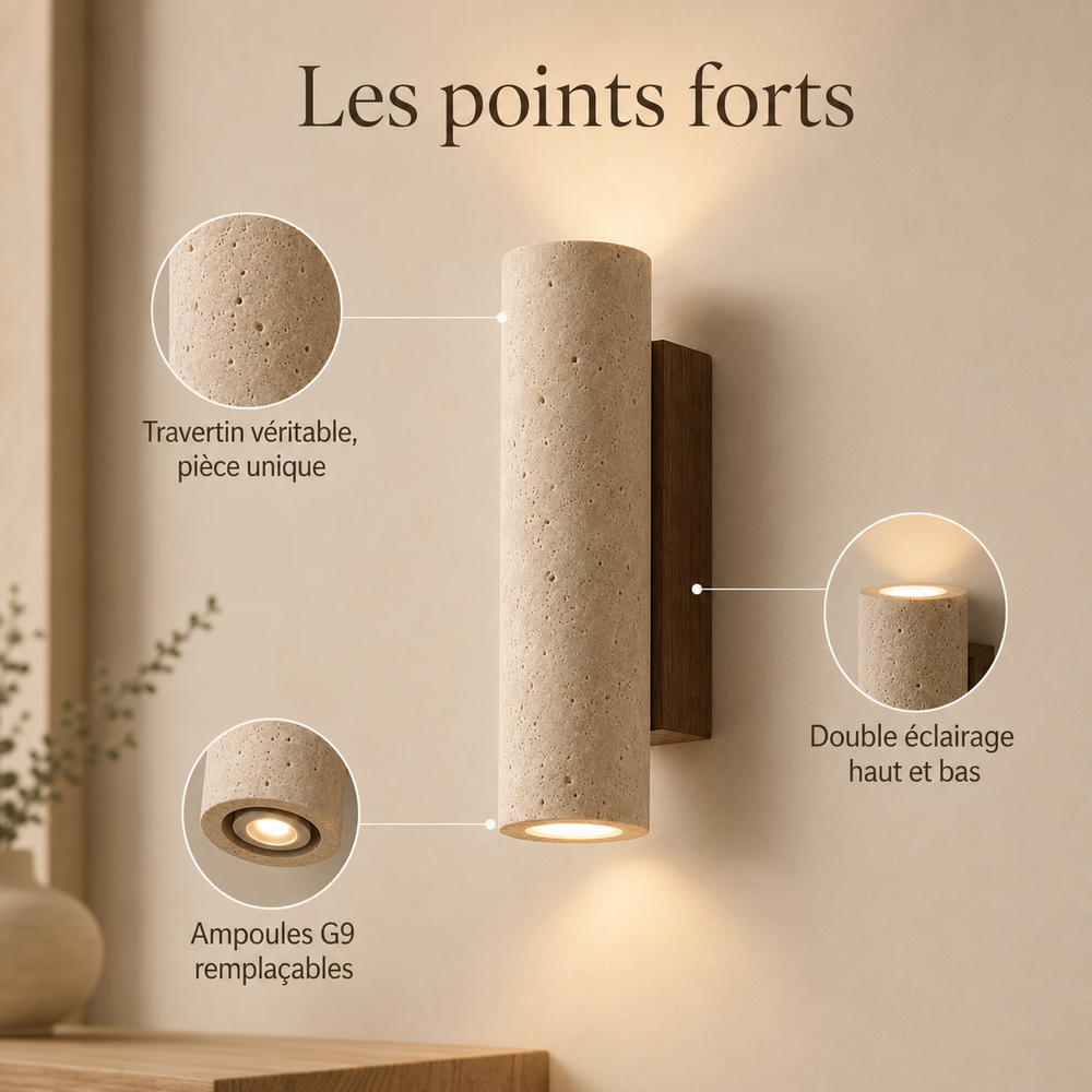 Points forts : travertin véritable, double éclairage haut et bas, ampoules G9 remplaçables #16-cm