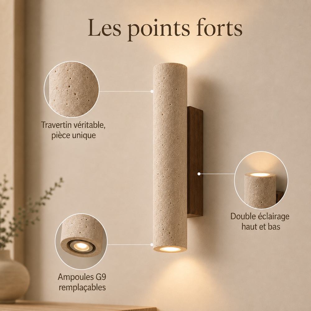 Points forts : travertin véritable, double éclairage haut et bas, ampoules G9 remplaçables #23-cm