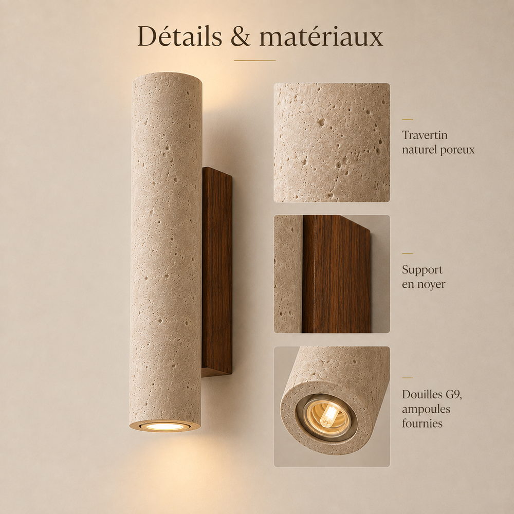 Détails et matériaux : travertin poreux, support en noyer, douilles G9 #23-cm