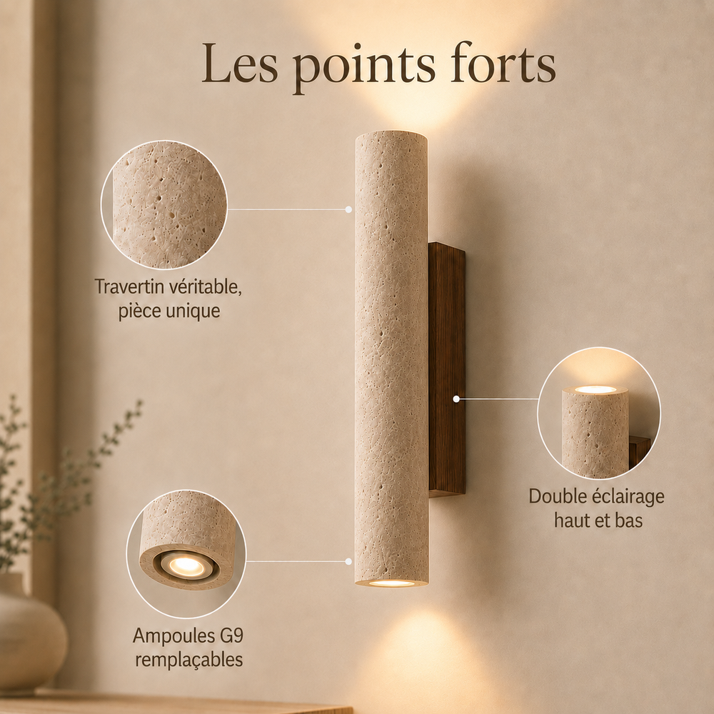 Points forts : travertin véritable, double éclairage haut et bas, ampoules G9 remplaçables #32-cm