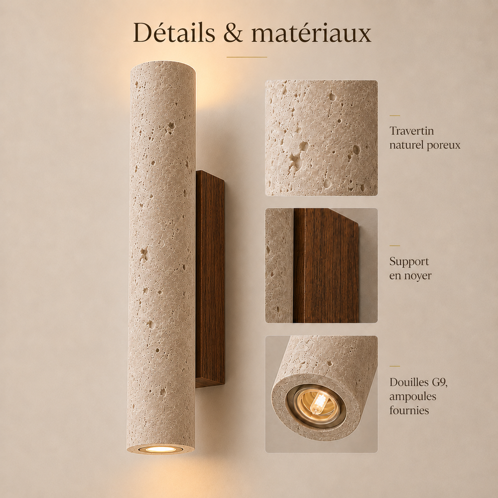 Détails et matériaux : travertin poreux, support en noyer, douilles G9 #32-cm