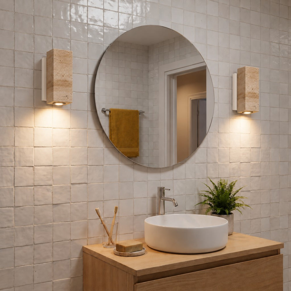 Applique murale japonaise en travertin jaune, salon - jap blanc salle de bain zellige #carre-socle-blanc