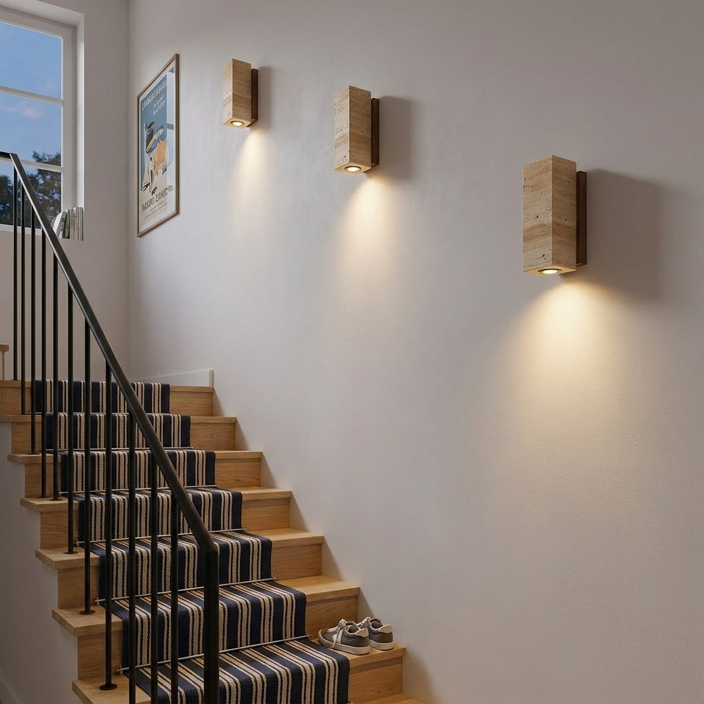 Applique murale japonaise en travertin jaune, salon - jap escalier lumiere haute v3 #carre-socle-noyer