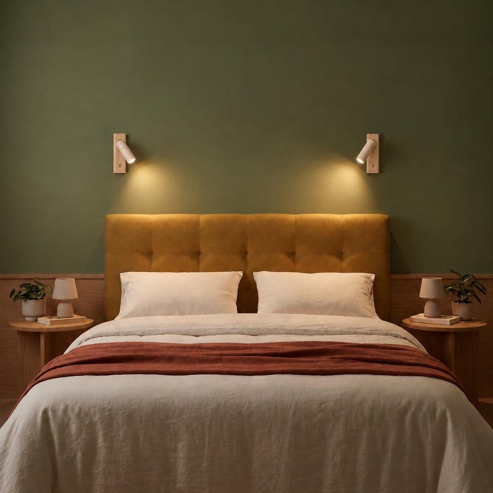 Applique murale liseuse travertin et bois, tête orientable - lio c chambre tete de lit moutarde #bois-clair